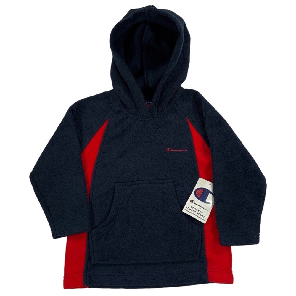 Vintage Champion Youth Blue & Red Script Logo Fleece Hoodie Boys Size XS 4/5